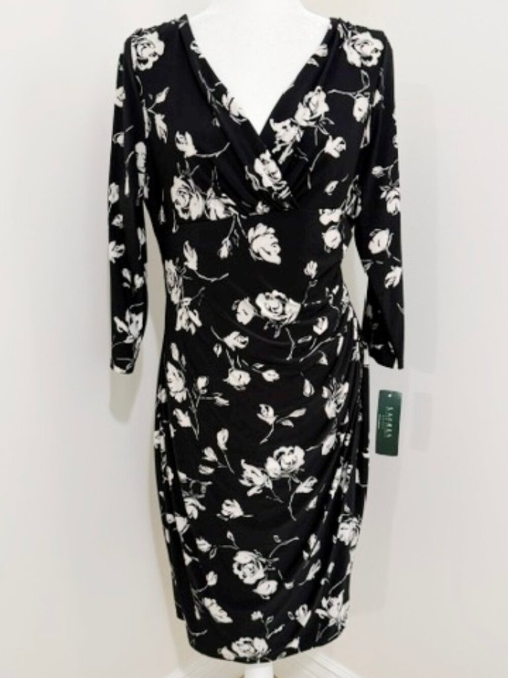 Ralph Lauren Black & White Floral Long-Sleeve Faux Wrap Dress